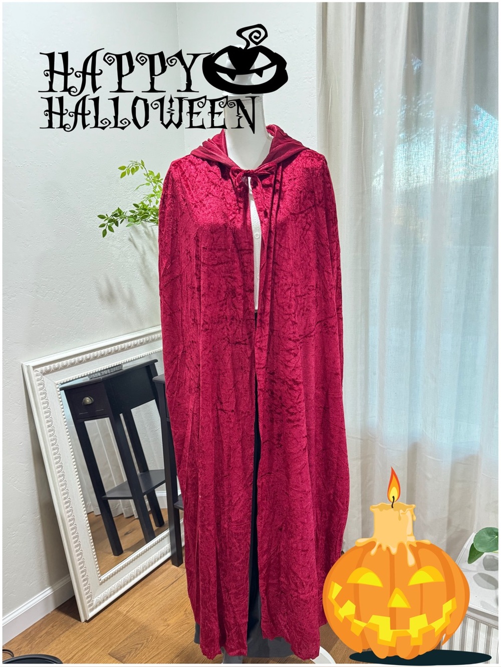 Halloween Costume Red/Burgundy Velvet Hooded Cape for Adult